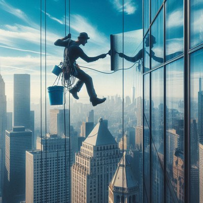 Window cleaner working on skyscraper in urban skyline
