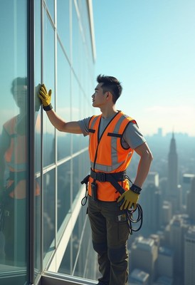 Window cleaner in a high-rise skyline