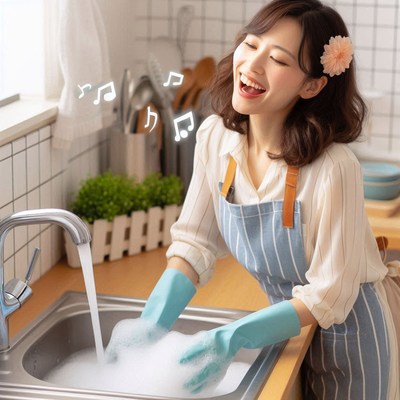 Joyful woman washing dishes in a bright kitchen