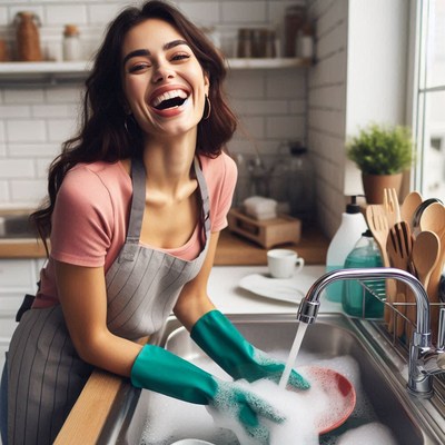 Woman washing dishes in a bright kitchen with joy