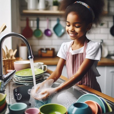 Young girl happily washing dishes in a bright kitchen