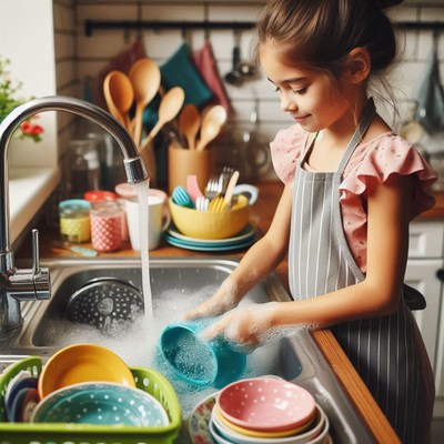 Young girl washes dishes in a bright kitchen sink