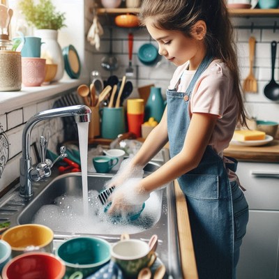 Young girl washing dishes in a bright kitchen