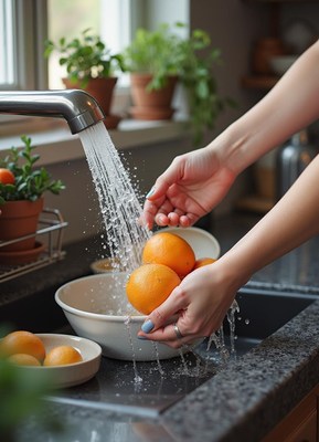 Washing fresh oranges in a kitchen sink