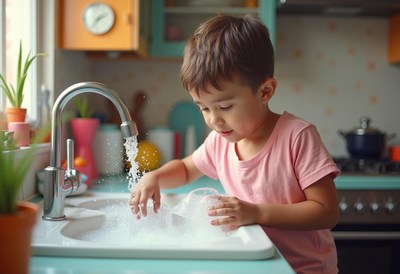 Child enjoys washing dishes in bright kitchen
