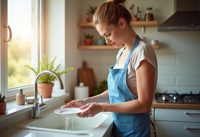 Woman washes dishes in a bright kitchen by the window
