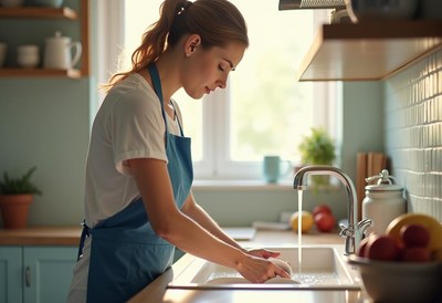 Woman washing dishes in a bright kitchen in the morning