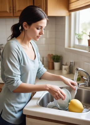 Woman washing dishes in a cozy kitchen during the day