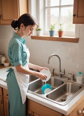 Woman washing dishes in a bright kitchen during daytime