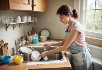 Young woman washing dishes in a cozy kitchen environment
