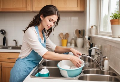Young woman washing dishes in a bright kitchen