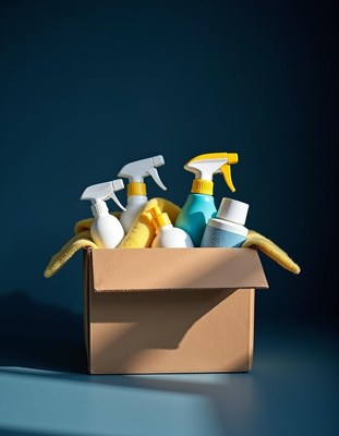 Cleaning supplies organized in a cardboard box
