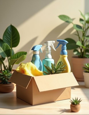 Cleaning supplies arranged in a box with plants nearby