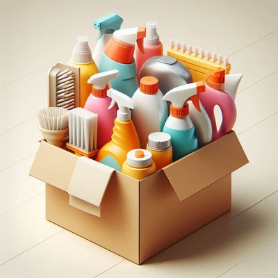 Household cleaning supplies arranged in a cardboard box