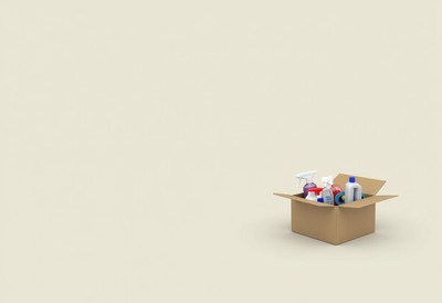 Cleaning supplies in a cardboard box on a neutral background