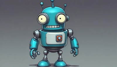 Friendly cartoon robot with quirky expression stands out