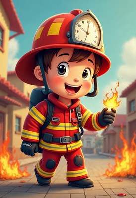 Young firefighter holding flame in a vibrant village