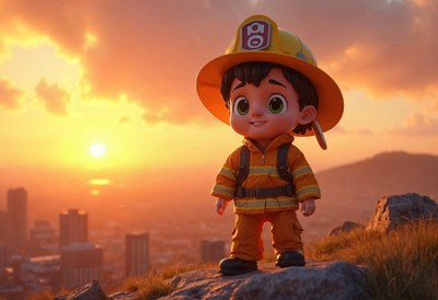 Firefighter figurine stands against a sunset backdrop