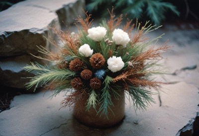 Beautiful floral arrangement with natural elements in a pot
