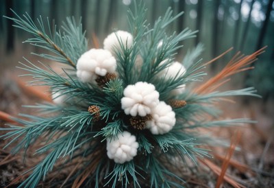 Unique white clusters on evergreen plant in forest