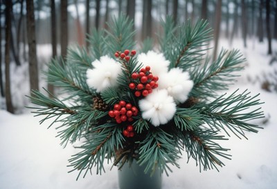 Winter floral arrangement with pine and berries in snow