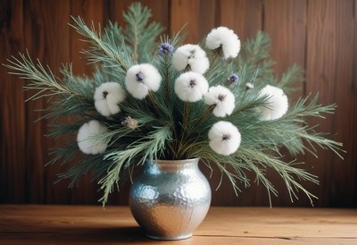 Floral arrangement in a rustic vase on wood table