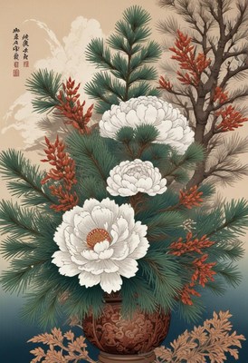 Floral arrangement with peonies and pine branches