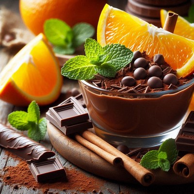 Indulgent chocolate dessert with fresh orange and mint