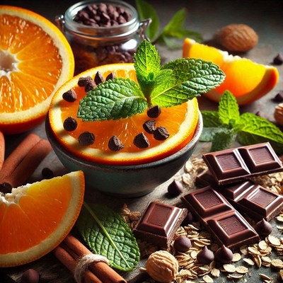 Fresh oranges with chocolate and mint for a refreshing treat