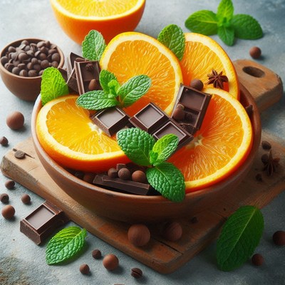 Fresh oranges with chocolate and mint on a wooden board