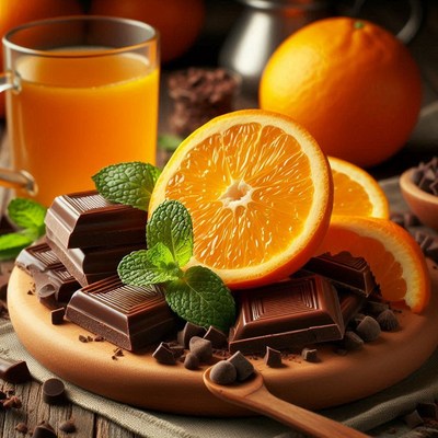 Chocolate and orange dessert with fresh mint leaves