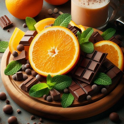 Fresh oranges and chocolate arranged on a wooden board