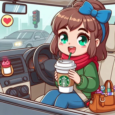 Girl enjoying coffee in car on a rainy day