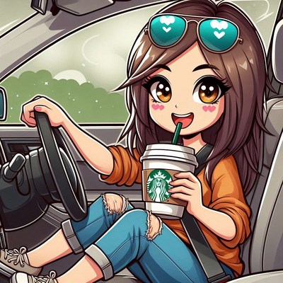 Young woman enjoying coffee while driving a car