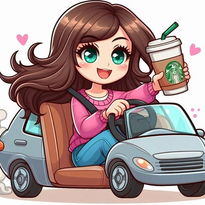 Woman driving a small car with coffee in hand