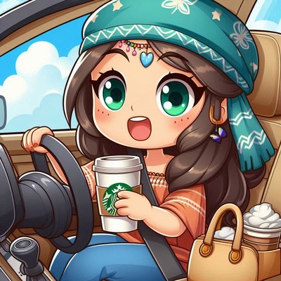 Happy girl driving with coffee and cheerful expression