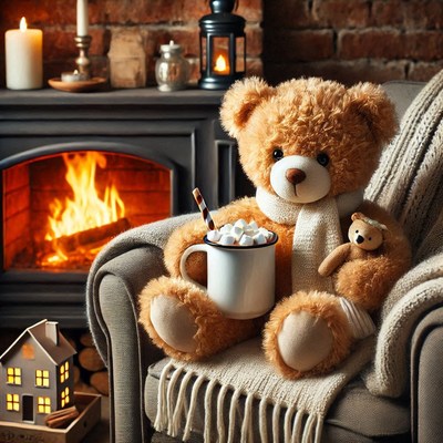 Cozy teddy bear by the fireplace on a winter evening