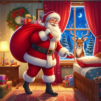 Santa brings gifts to a cozy room with a reindeer