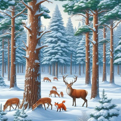 Winter forest with deer and fox in snowy landscape