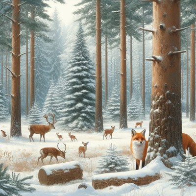 Wildlife in a snowy forest landscape with deer and fox