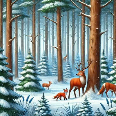 Wildlife in a snowy forest during winter season
