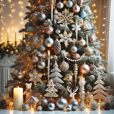 Holiday decorations with a snowy christmas tree