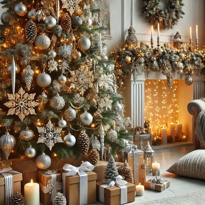 Cozy holiday living room with decorated christmas tree