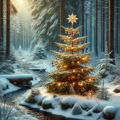 Magical winter forest with decorated christmas tree