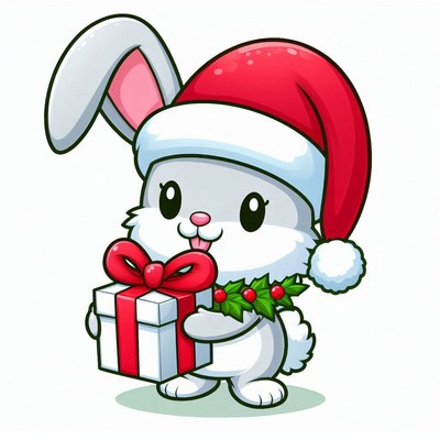 Cute bunny wearing a santa hat holding a gift