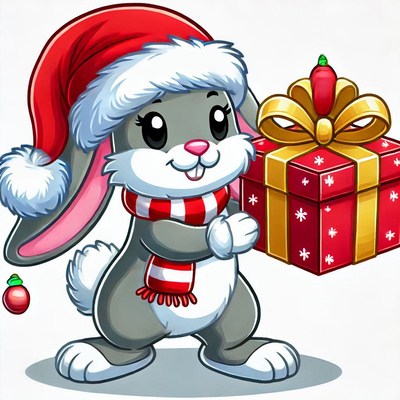 Cute rabbit in santa hat holding christmas gift