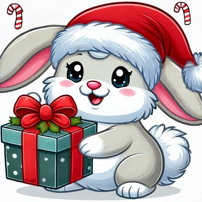 Cute bunny with a christmas gift and candy canes