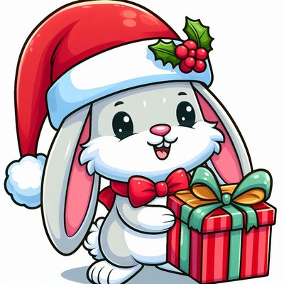 Cute rabbit in a santa hat holding a gift