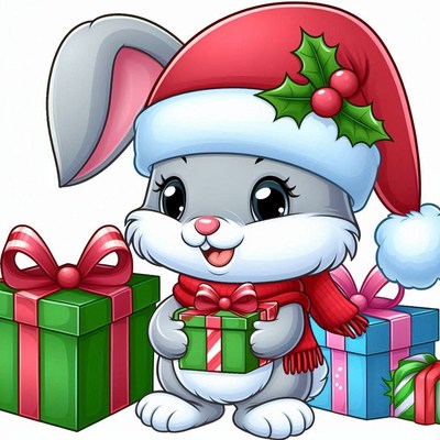 Cute bunny in santa hat holding a gift during holidays