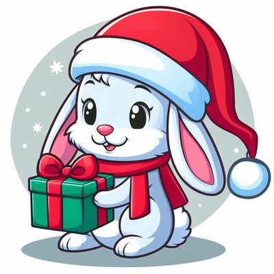 Cute bunny in santa hat holding a gift during winter